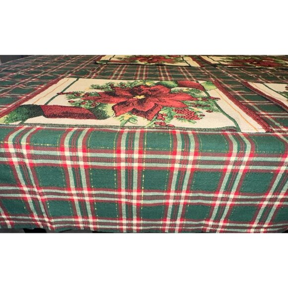 Christmas tapestry Linens 4 Placematt  1 Runner 1 tablecloth poinsettia plaid - Picture 2 of 16